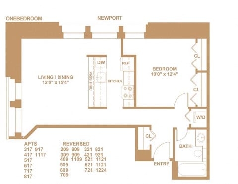 Floor plan for 1 bed, 1 bath, 735 sqft